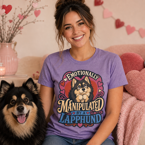 Finnish Lapphund Emotionally Manipulated T-Shirt Finnish Lapphund t-shirt worn, lifestyle photo