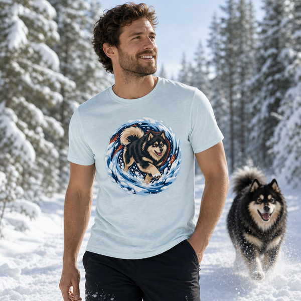 Finnish Lapphund Snow Dash T-Shirt Finnish Lapphund t-shirt worn, lifestyle photo