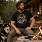 Finnish Lapphund Cabin Campfire Badge T-Shirt Finnish Lapphund t-shirt worn, lifestyle photo