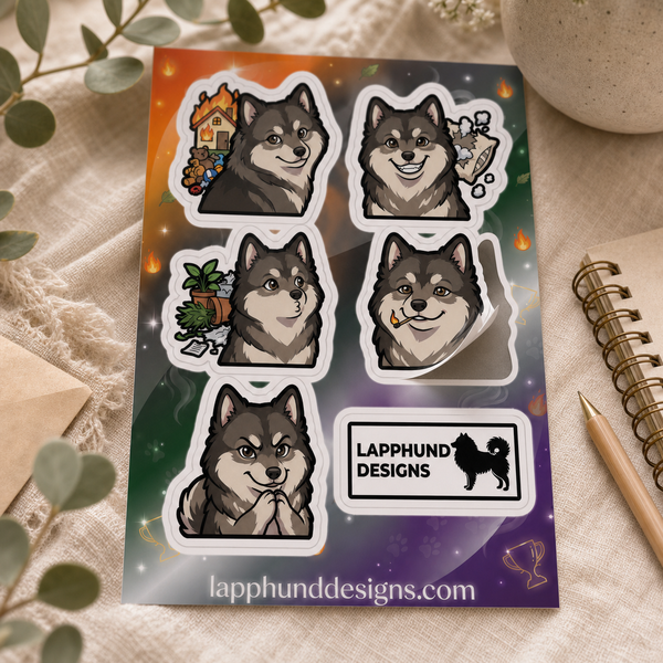 Finnish Lapphund Grateful Moments Sticker Sheet – Thankful Smiles, Cozy Joys & Gentle Contentment Finnish Lapphund t-shirt worn, lifestyle photo