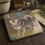 Glossy print detail on the Finnish Lapphund Gray Forest Illustration Cork-Back Coaster Finnish Lapphund coaster