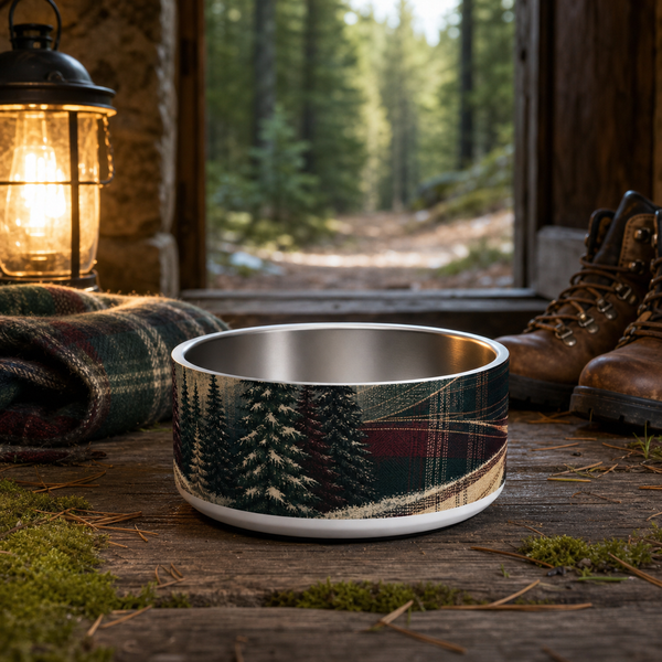 Evergreen Tartan Trail Finnish Lapphund 32oz dog bowl in a cozy home setting