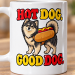 Printed design close-up on the Finnish Lapphund Hot Dog Good Dog Halloween Mug Finnish Lapphund mug