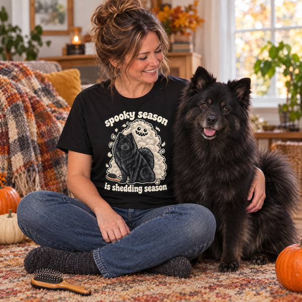 Finnish Lapphund Spooky Season Is Shedding Season Halloween T-Shirt Finnish Lapphund t-shirt worn, lifestyle photo