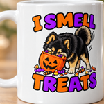 Printed design close-up on the Finnish Lapphund I Smell Treats Halloween Mug Finnish Lapphund mug