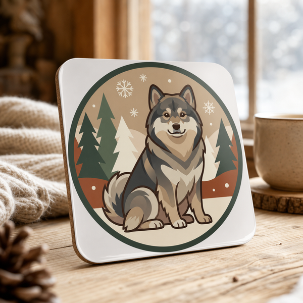 Finnish Lapphund Winter Emblem Illustration Cork-Back Coaster Finnish Lapphund cork-back coaster