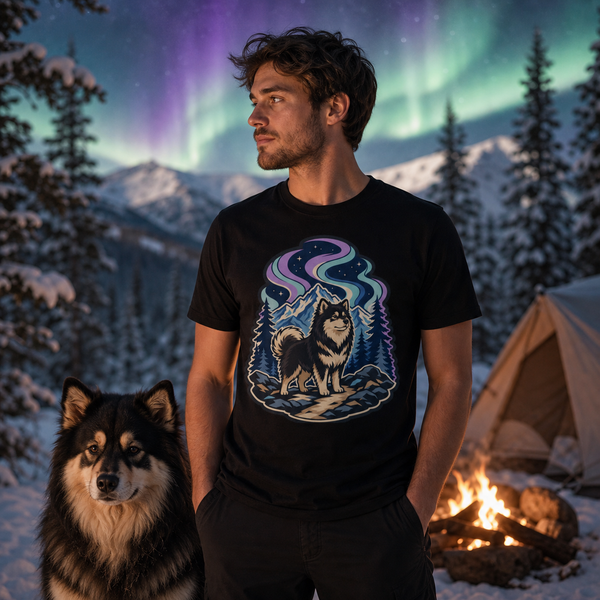 Finnish Lapphund Aurora Nights T-Shirt Finnish Lapphund t-shirt worn, lifestyle photo