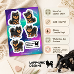 Specs and details for the Finnish Lapphund Happy Poses Sticker Sheet – Cheerful Smiles, Playful Stance & Everyday Joy Finnish Lapphund sticker sheet