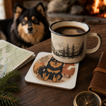 Finnish Lapphund Cozy Cabin Illustration Cork-Back Coaster Finnish Lapphund cork-back coaster in use on a table