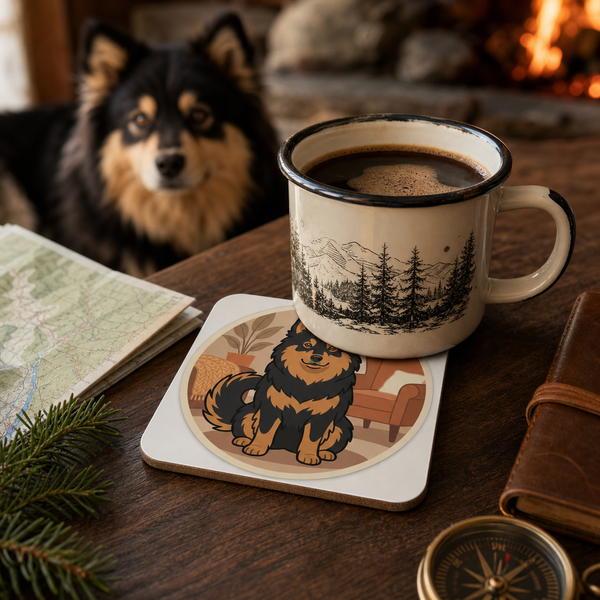 Finnish Lapphund Cozy Cabin Illustration Cork-Back Coaster Finnish Lapphund cork-back coaster in use on a table