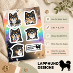 Specs and details for the Finnish Lapphund Goofy Puppy Sticker Sheet – Playful Reactions, Silly Faces & Fun Expressions Finnish Lapphund sticker sheet