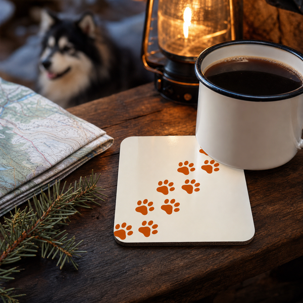 Finnish Lapphund Paw Trail Minimalist Cork-Back Coaster Finnish Lapphund cork-back coaster in use on a table