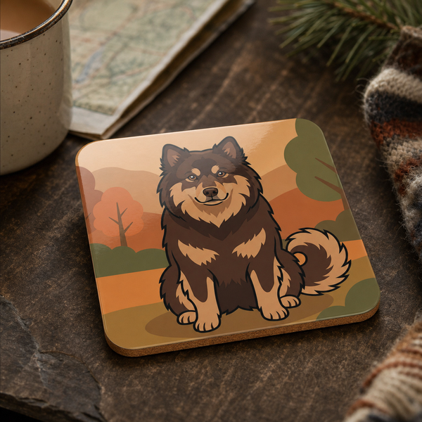 Finnish Lapphund Autumn Portrait Illustration Cork-Back Coaster Finnish Lapphund cork-back coaster