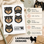 Specs and details for the Finnish Lapphund Silly Faces Sticker Sheet – Goofy Looks, Upside-Down Smiles & Playful Expressions Finnish Lapphund sticker sheet
