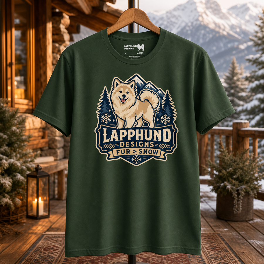 Finnish Lapphund Fur Over Snow Badge T-Shirt Finnish Lapphund t-shirt