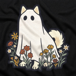 Finnish Lapphund Wildflower Ghost Halloween T-Shirt design close-up on a Finnish Lapphund t-shirt