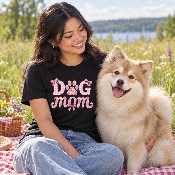 Finnish Lapphund Paw Print Dog Mom T-Shirt Finnish Lapphund t-shirt worn, lifestyle photo