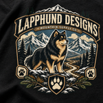 Finnish Lapphund Mountain Supply Co. T-Shirt design close-up on a Finnish Lapphund t-shirt