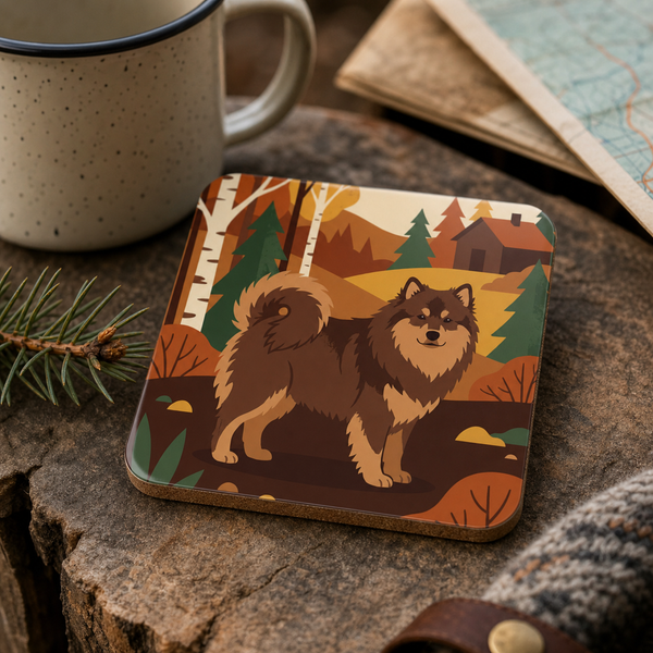 Finnish Lapphund Nordic Cabin Landscape Cork-Back Coaster Finnish Lapphund cork-back coaster