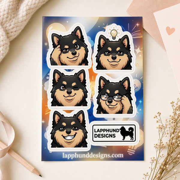 Finnish Lapphund Thinking Faces Sticker Sheet – Clever Looks, Ideas & Thoughtful Expressions Finnish Lapphund sticker sheet