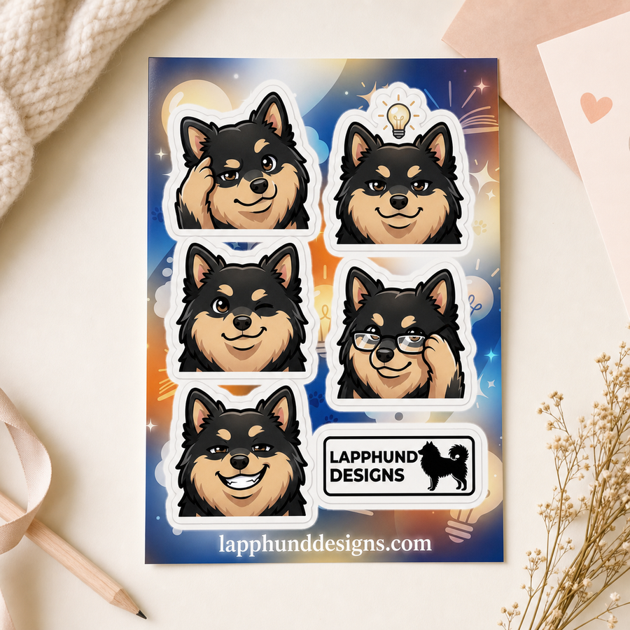Finnish Lapphund Thinking Faces Sticker Sheet – Clever Looks, Ideas & Thoughtful Expressions Finnish Lapphund sticker sheet