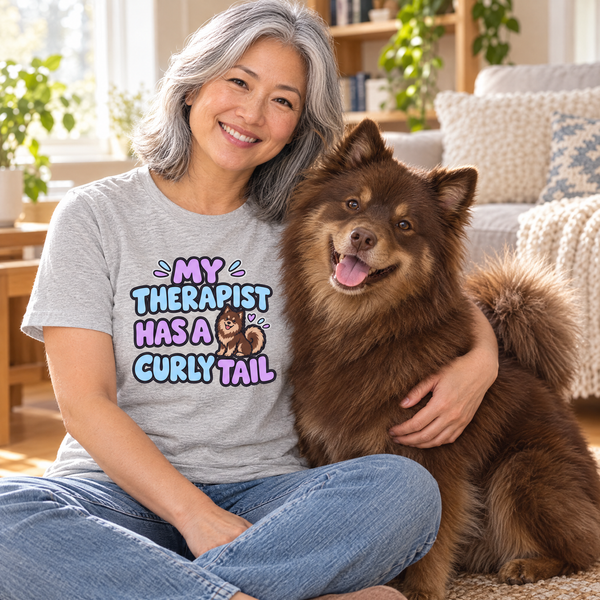 Finnish Lapphund My Therapist Has a Curly Tail T-Shirt Finnish Lapphund t-shirt worn, lifestyle photo