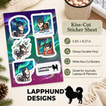 Specs and details for the Finnish Lapphund Northern Lights Sticker Sheet – Aurora Nights & Nordic Winter Scenes Finnish Lapphund sticker sheet