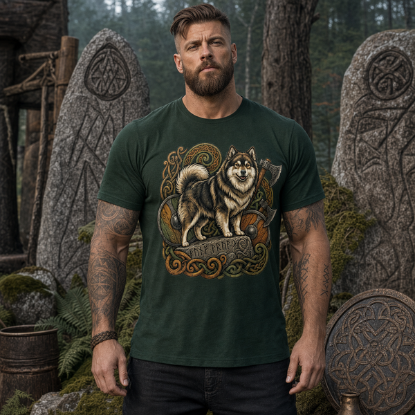 Finnish Lapphund Viking Warrior Runestone T-Shirt Finnish Lapphund t-shirt worn, lifestyle photo
