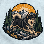 Finnish Lapphund Sunrise Summit Leap T-Shirt design close-up on a Finnish Lapphund t-shirt