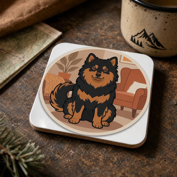 Finnish Lapphund Cozy Cabin Illustration Cork-Back Coaster Finnish Lapphund cork-back coaster