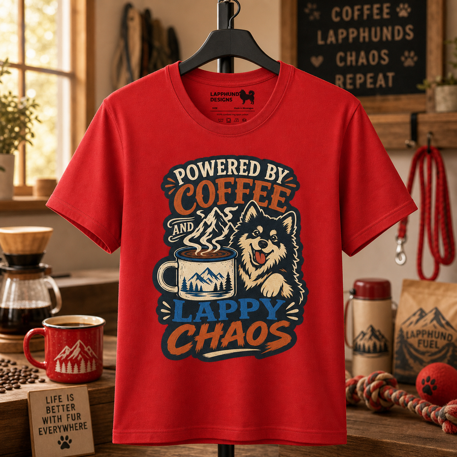 Finnish Lapphund Powered By Coffee And Lappy Chaos T-Shirt Finnish Lapphund t-shirt