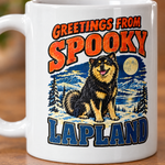 Printed design close-up on the Finnish Lapphund Greetings from Spooky Lapland Halloween Mug Finnish Lapphund mug