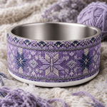 Lilac Frost Knit design detail on a Finnish Lapphund 32oz dog bowl