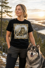 Finnish Lapphund Art Deco Wilderness Sunburst Illustration T-Shirt Finnish Lapphund t-shirt worn, lifestyle photo