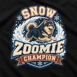 Finnish Lapphund Snow Zoomie Champion T-Shirt design close-up on a Finnish Lapphund t-shirt