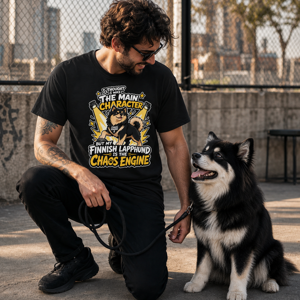 Finnish Lapphund Chaos Engine T-Shirt Finnish Lapphund t-shirt worn, lifestyle photo