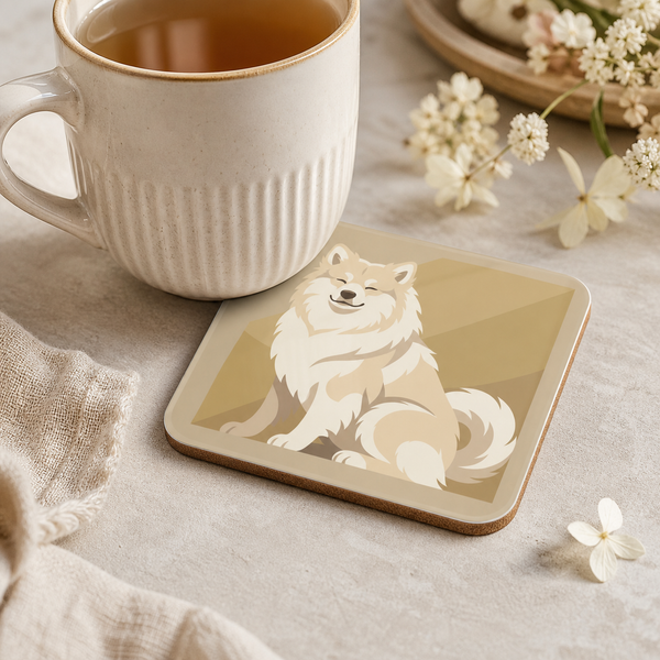Finnish Lapphund Cream Sitting Illustration Cork-Back Coaster Finnish Lapphund cork-back coaster in use on a table