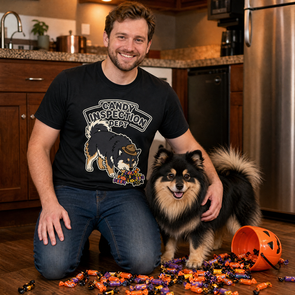 Finnish Lapphund Candy Inspection Dept Halloween T-Shirt Finnish Lapphund t-shirt worn, lifestyle photo