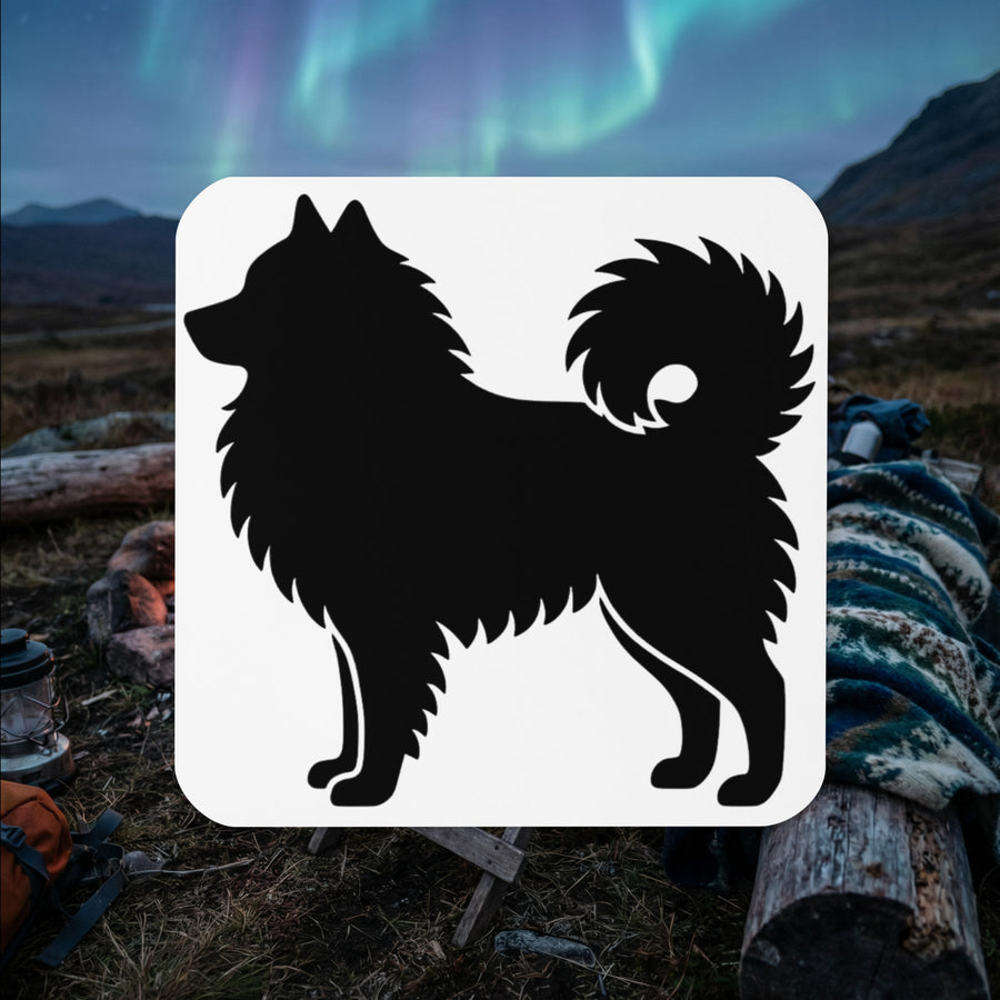 Black Finnish Lapphund silhouette Lapphund Designs logo cork-back coaster