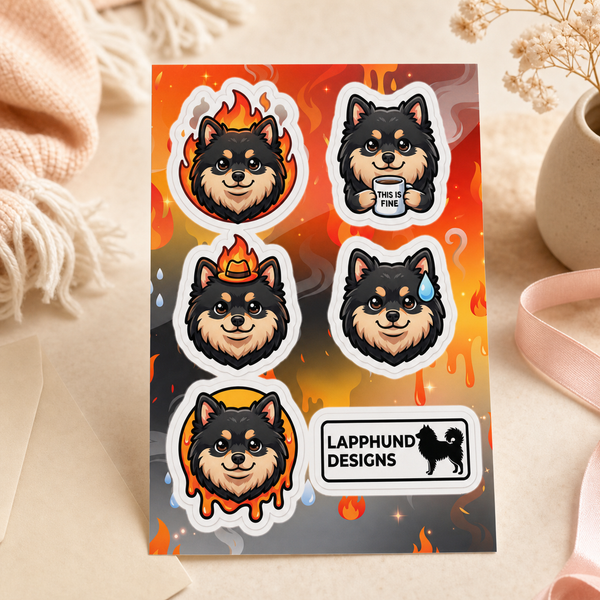 Finnish Lapphund Stressed Reactions Sticker Sheet – Overwhelmed Faces, “It’s Fine” & Heat Moments Finnish Lapphund sticker sheet