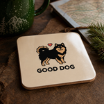 Glossy print detail on the Finnish Lapphund “Good Dog” Illustration Cork-Back Coaster Finnish Lapphund coaster