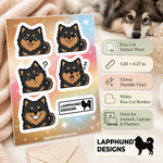 Specs and details for the Finnish Lapphund Sleepy & Confused Sticker Sheet – Yawns, Question Marks & Cozy Expressions Finnish Lapphund sticker sheet