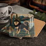 Cork backing and size of the Finnish Lapphund Nordic Mountain Lake Illustration Cork-Back Coaster Finnish Lapphund coaster