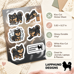 Specs and details for the Finnish Lapphund Mischief Moments Sticker Sheet – Playful Trouble, Zoomies & Puppy Antics Finnish Lapphund sticker sheet