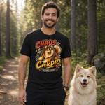 Finnish Lapphund Chaos Is My Cardio T-Shirt Finnish Lapphund t-shirt worn, lifestyle photo