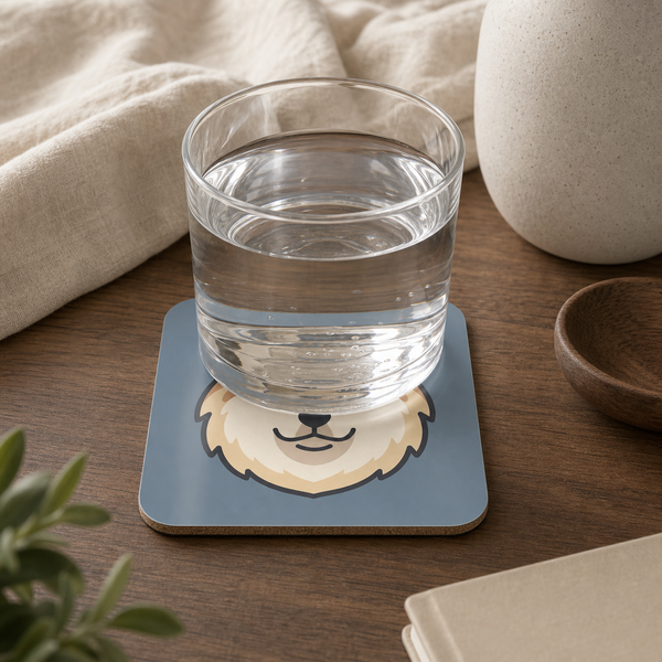 Finnish Lapphund Cream Face Icon Cork-Back Coaster Finnish Lapphund cork-back coaster in use on a table