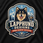 Finnish Lapphund Snow Country Outfitter Badge T-Shirt design close-up on a Finnish Lapphund t-shirt
