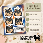 Specs and details for the Finnish Lapphund Thinking Faces Sticker Sheet – Clever Looks, Ideas & Thoughtful Expressions Finnish Lapphund sticker sheet