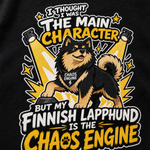 Finnish Lapphund Chaos Engine T-Shirt design close-up on a Finnish Lapphund t-shirt