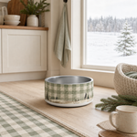 Sage Gingham Snowfield Finnish Lapphund 32oz dog bowl in a cozy home setting